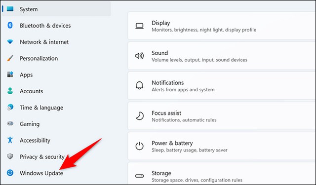 Cliquez sur l'option Windows Update