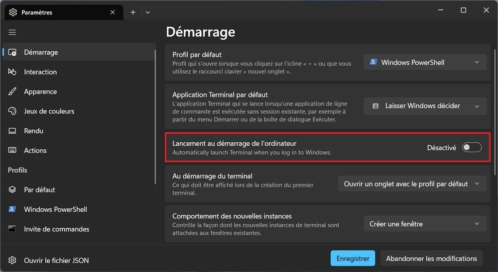 Désactiver le lancement du terminal Windows au démarrage