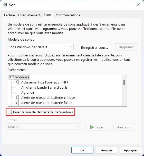 Désactiver le son de démarrage sous Windows 11