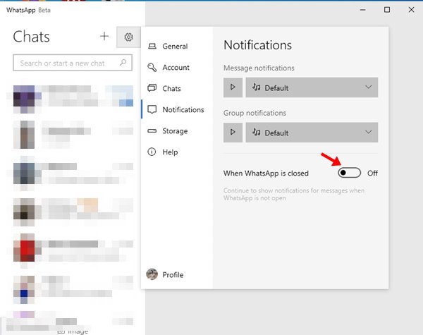 Désactiver les notifications de Whatsapp Beta UWP