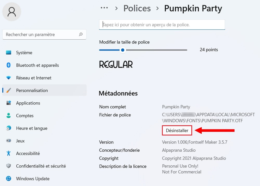 Désinstaller une police dans Windows 11