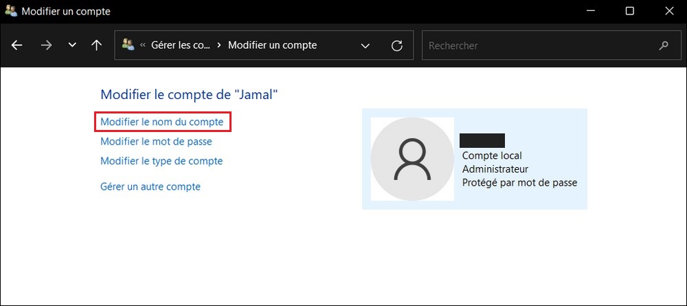 Modifier le nom du compte