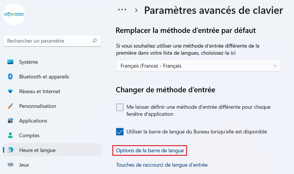 Options de la barre de langue