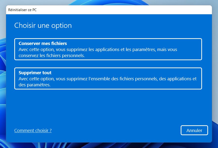 Réinitialiser un PC Windows 11