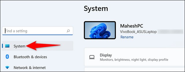 Sélectionnez Système Windows 11