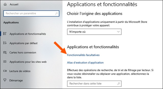 cliquez sur Fonctionnalités facultatives