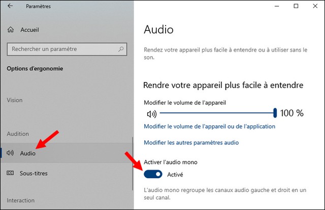 Activer audio mono sur Windows 10