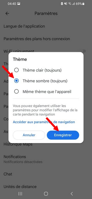 Activer le mode sombre dans Google Maps