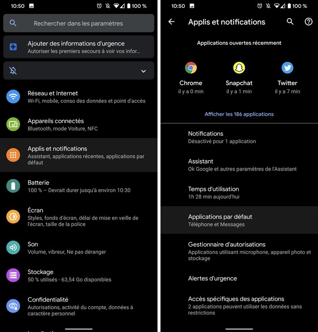 Appuyer sur Applications par défaut