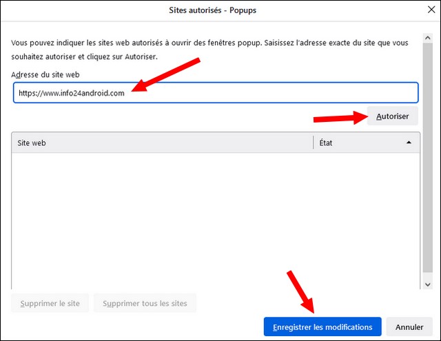 Autoriser les fenêtres popup pour des sites Web spécifiques