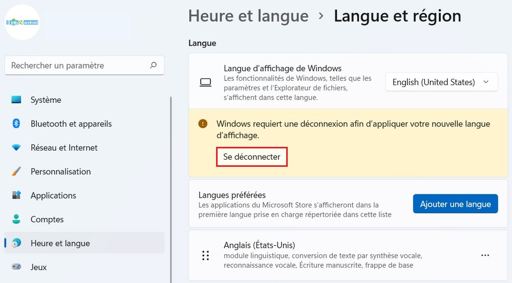 Changer la langue Windows 11