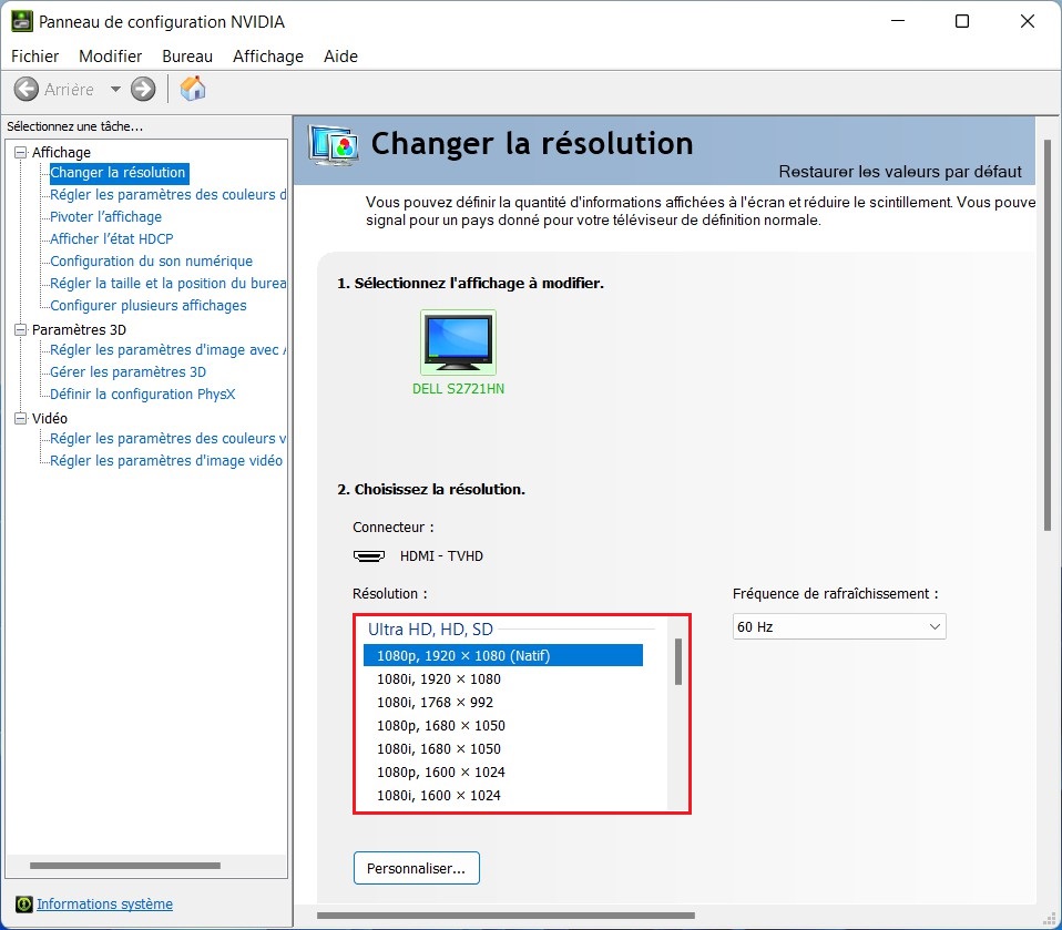 Changer la résolution d'écran NVIDIA