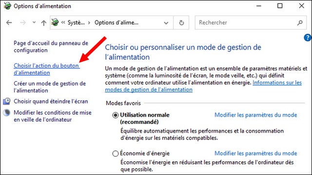 Choisir l'action du bouton d'alimentation