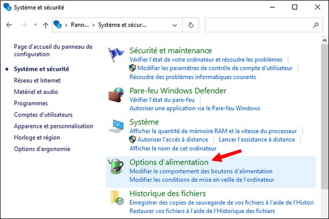 Cliquez sur Options d'alimentation