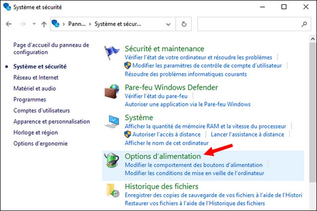 Cliquez sur Options d'alimentation