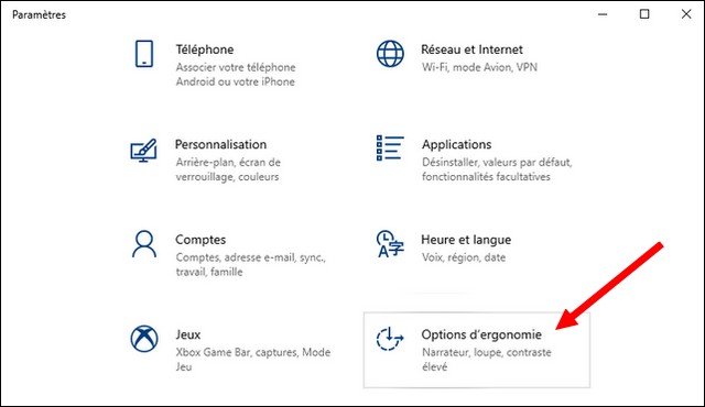 Cliquez sur Options d'ergonomie