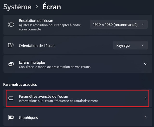 Cliquez sur Paramètres avancés de l'écran