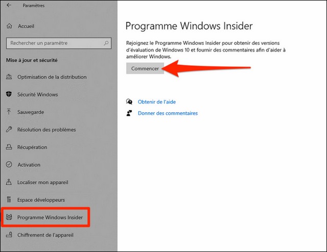 Cliquez sur Programme Windows Insider