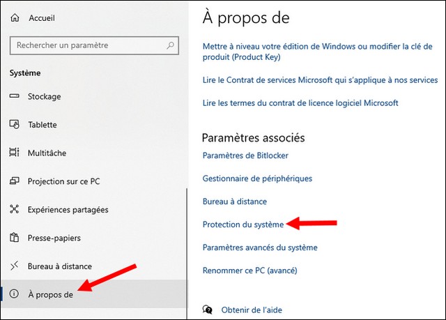 Cliquez sur Protection du système