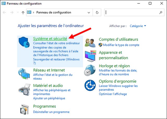 Cliquez sur Système et sécurité