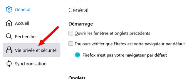 Cliquez sur Vie privée et sécurité