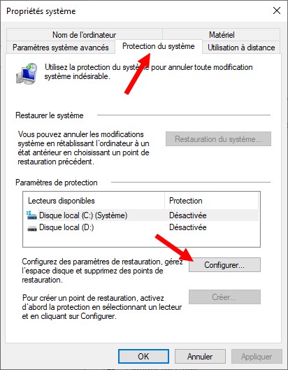 Cliquez sur l'onglet Protection du système