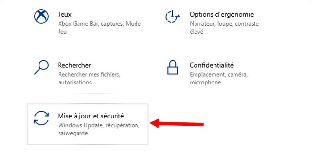 Cliquez sur l'option Mise à jour et sécurité