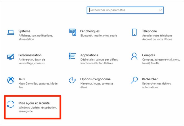 Cliquez sur l'option Mise à jour et sécurité