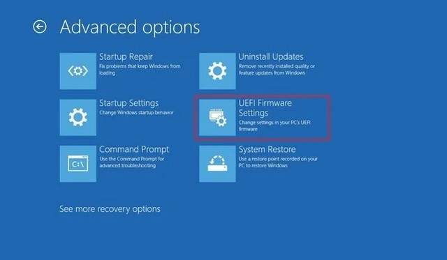 Cliquez sur l'option Paramètres du micrologiciel UEFI