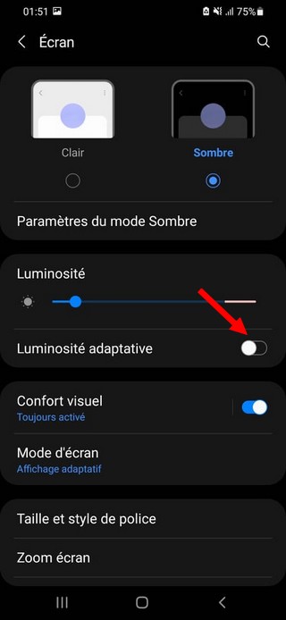 Désactiver la luminosité automatique