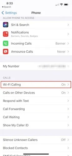 Désactiver les appels WiFi