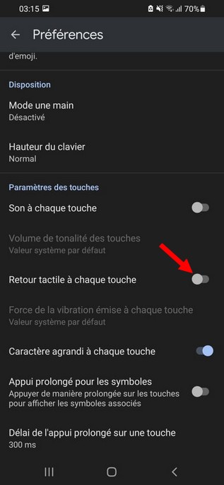 Désactivez Retour tactile à chaque touche