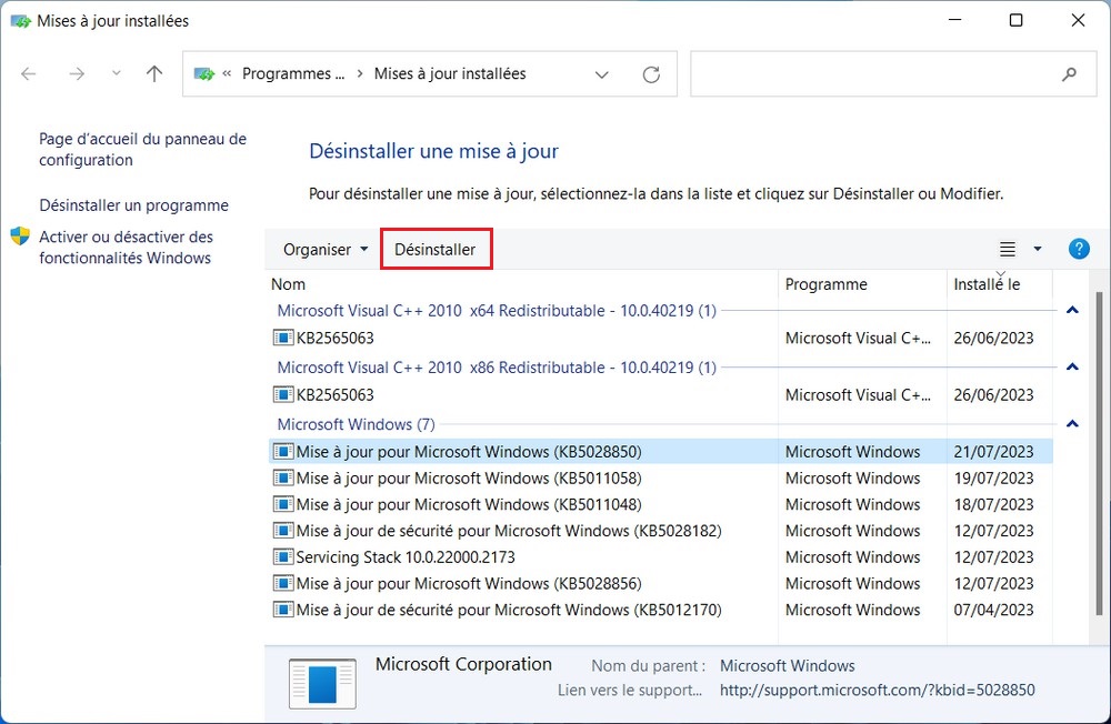 Désinstaller une mise à jour de Windows 11