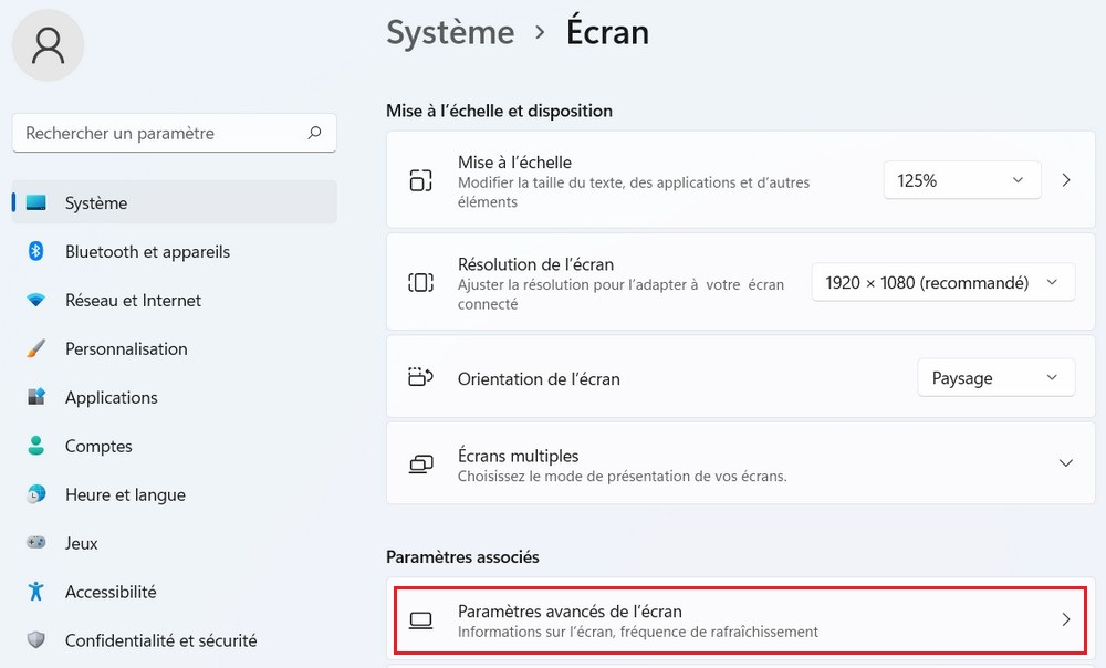 Paramètres avancés de l'écran