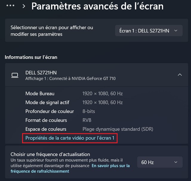 Propriétés de la carte vidéo pour l'écran