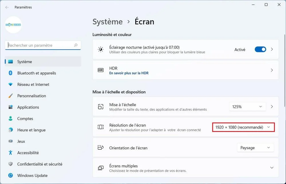 Résolution d'affichage Windows 11