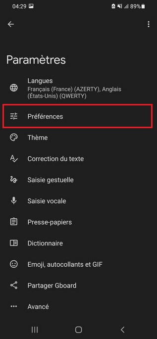 Section Préférences