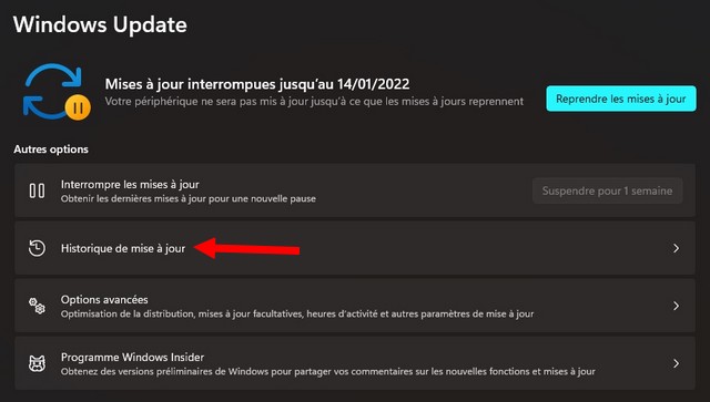 Sélectionnez Historique de mise à jour