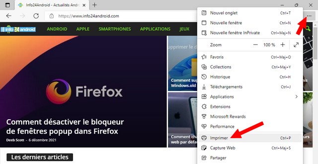 Sélectionnez Imprimer sur Microsoft Edge