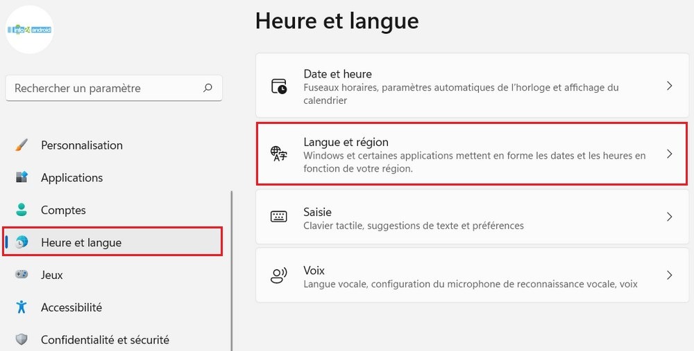 Sélectionnez Langue et région