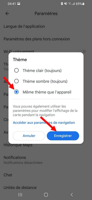 Sélectionnez Même thème que l'appareil