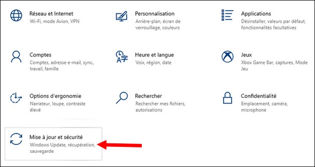 Sélectionnez Mise à jour et sécurité