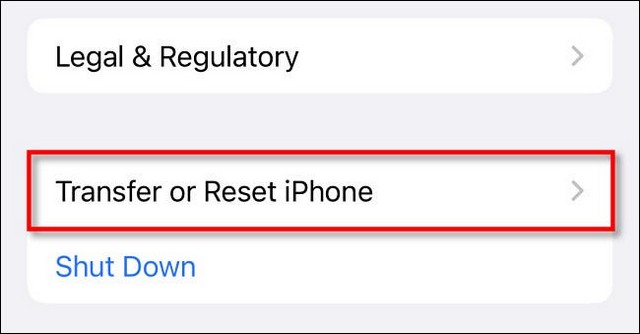 Sélectionnez Transférer ou réinitialiser l'iPhone