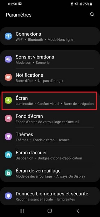 Sélectionnez la section Écran
