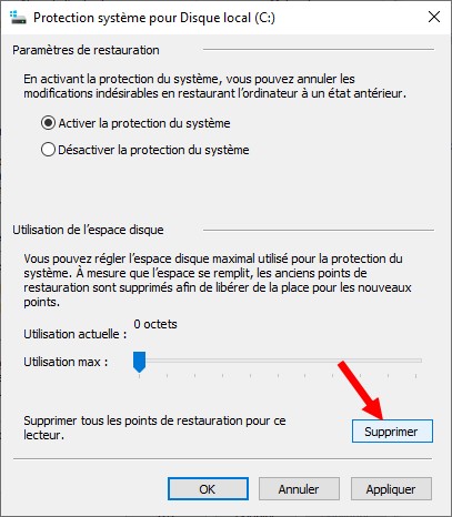 Supprimer les points de restauration du système