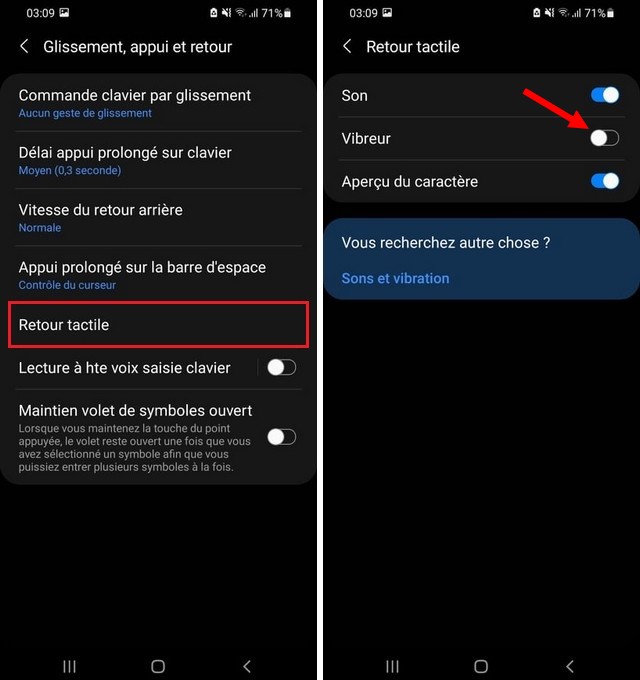désactiver les vibrations du clavier