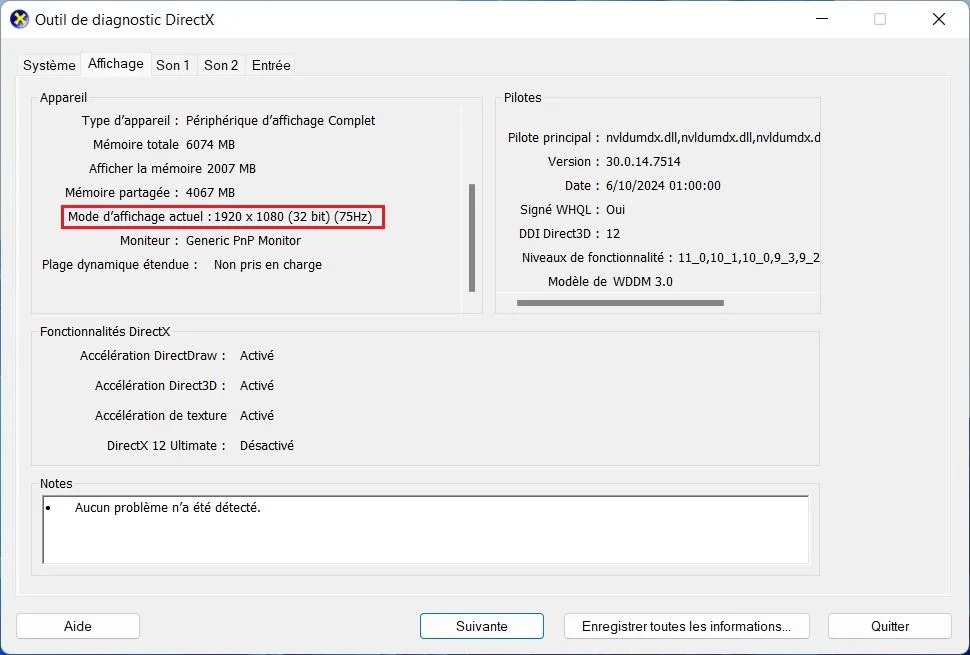 l'outil de diagnostic DirectX (dxdiag)