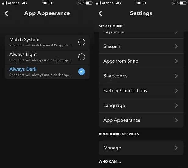 Activer le mode sombre sur Snapchat pour iOS