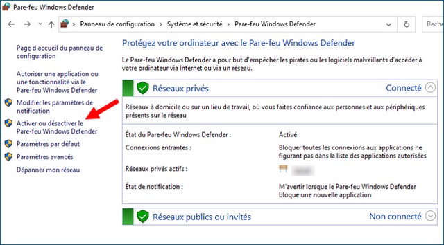 Activer ou désactiver le pare-feu Windows Defender