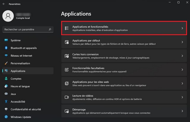 Cliquer sur Applications et fonctionnalités